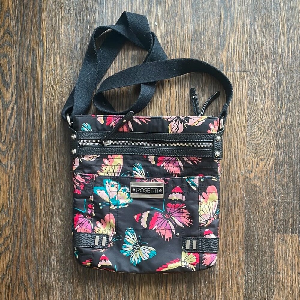 Rosetti Butterfly Print Crossbody Bag Black Multi-Pocket Travel Purse